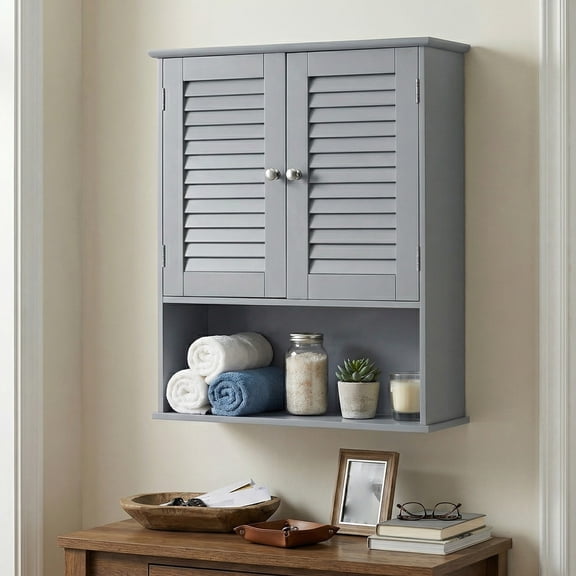 Armoire Murale de Salle de Bain, Armoire de Rangement de Salle de Bain Murale, avec Tablette Ajustable, Doubles Portes à Persiennes et Tablette Ouverte, Gris