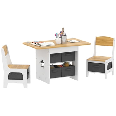 Qaba 3 Piece Kids Table and Chair Set with 6 Removable Drawers, Natural