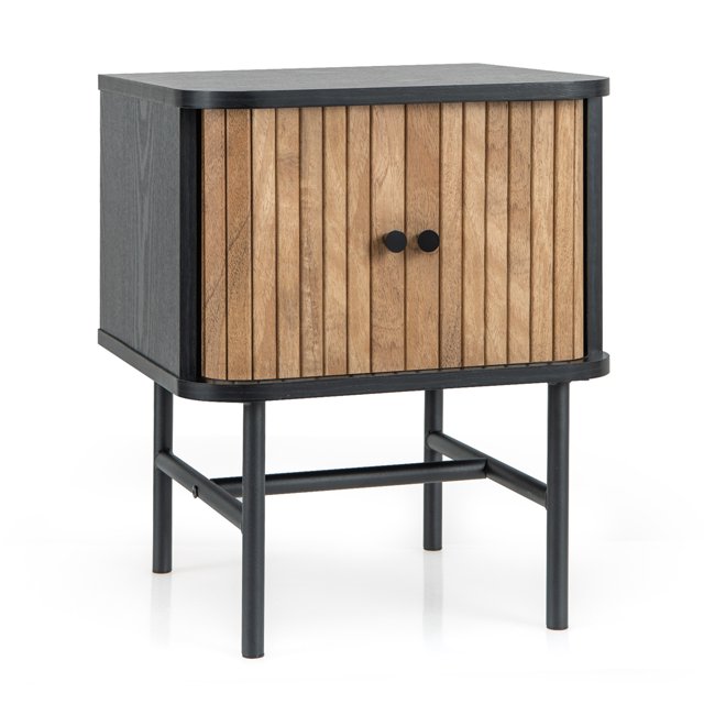Costway Table de Chevet à Porte Coulissante, Style Mi-Siècle Moderne, Table d'Appoint de Rangement avec Armoire, Noir