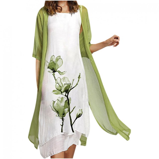 TopLLC Womens Summer Dresses Ensemble Deux Pièces à Imprimé Floral Flowy Chiffon Dress Grande Taille Col Rond Sans Manches Dress Invité de Mariage