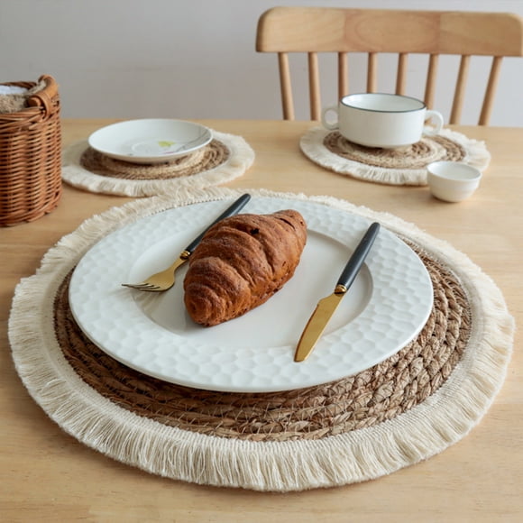 RKSTN placemats Tassel Placemats Japanese Style Straw Cattails Heat Insulating Mats Woven Round Non Slip AAnd Non Scald Table Mats