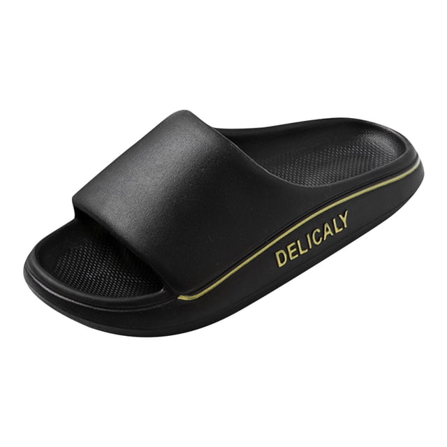 PEASKJP Men's Slip-Ons Slippers Memory Foam Adjustable Comfort Athletic Slide Sandals in black, size 43. These casual EVA slip-on sandals feature a flat heel, open toe design, and anti-slip sole for indoor and outdoor use. Lightweight and durable, they are suitable for various occasions such as bathrooms, gyms, pools, and leisure activities.