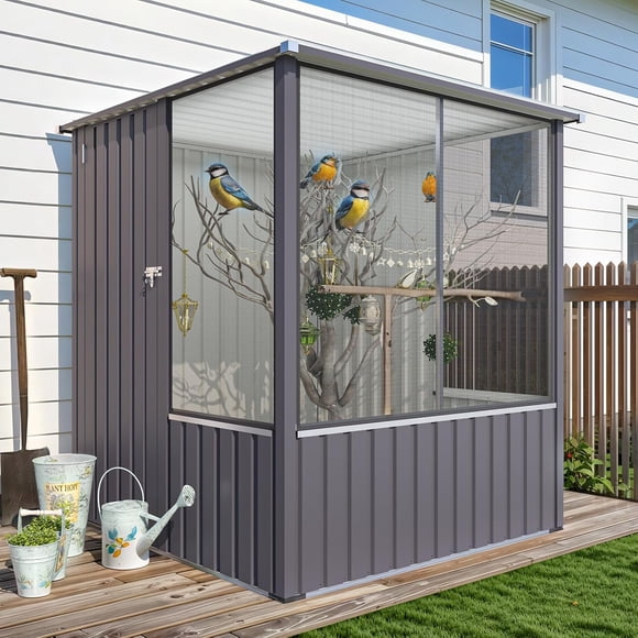JFHID 5' x 5' Outdoor Walk-in Bird Cage, Galvanized Metal Aviary with Ventilated Mesh and Lockable Door for Parrots