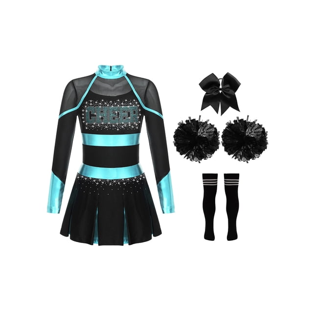 Hansber Tenues de Cheerleading pour Filles Uniforme de Cheerleading Robe Fantaisie avec Pompons Ensemble de Bas Bleu Vert&Noir 8