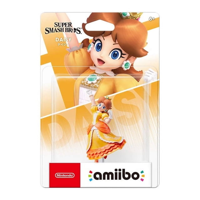 Daisy - Super Smash Bros Series - amiibo (JPIM) front-facing collectible NFC figure of Princess Daisy in an orange gown and crown, sculpted pose with one arm raised and painted facial details, mounted on a round black amiibo base for tapping to compatible Nintendo systems; studio white background. Often used as a display collectible on gaming shelves.