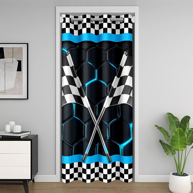 Erosebridal Checkered Flag Door Curtain Panel 52x80, Racing Car Room Divider Curtain, Geometric Honeycomb Decor