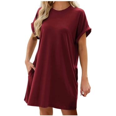 FAIWAD Robe T-Shirt d'Été pour Femmes avec Poches Manches Courtes Roulées Col Rond Mini Robes Tuniques