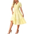 thumbnail image 4 of INSPIRE CHIC Women's Gingham Dress Summer Ruffle Trim V Neck Button Decor Flowy Midi Dresses S Yellow, 4 of 6