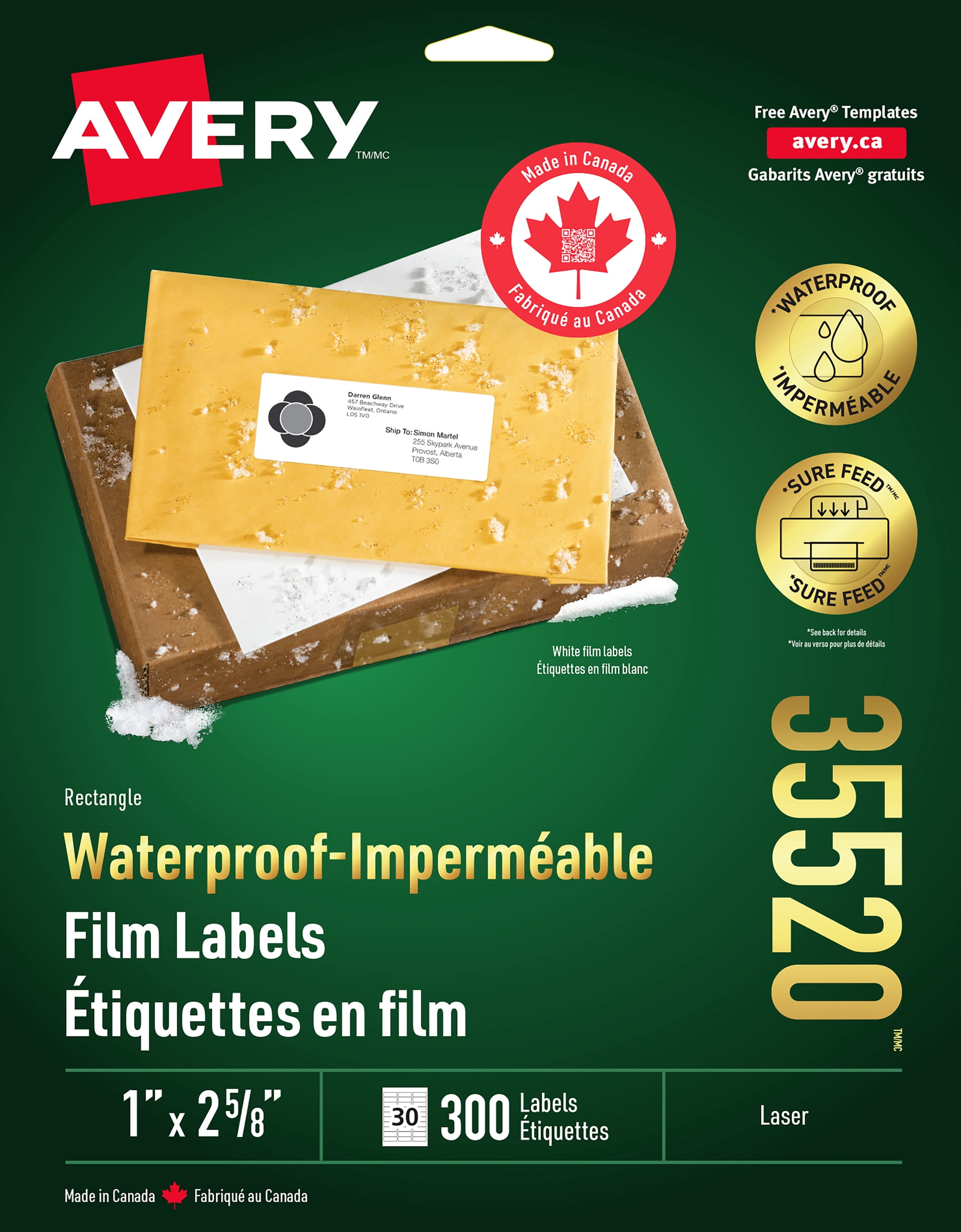 Avery Étiquettes imperméables 1" x 2⅝", pour imprimantes laser - 35520