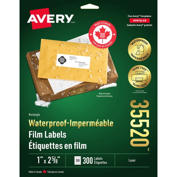 Avery Waterproof Labels, 1" x 2⅝", for Laser Printers - 35520