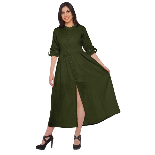Moomaya Long Button Down Shirts For Women Front Slit A-Line Kurtis Summer Kurta
