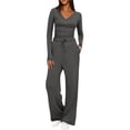 thumbnail image 1 of Diufon Matching Lounge Sets for Women Fall Outfits Long Sleeve V Neck Shirts Wide Leg Drawstring Pants with Pockets, 1 of 9