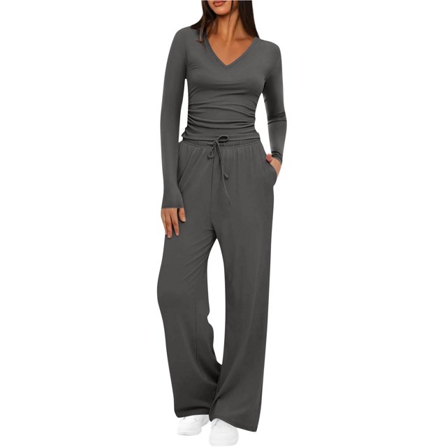 Diufon Matching Lounge Sets for Women Fall Outfits Long Sleeve V Neck Shirts Wide Leg Drawstring Pants with Pockets