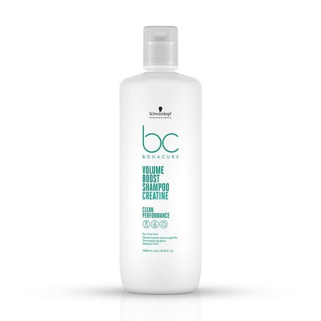 Schwarzkopf BC Volume Boost Shampoo 1L bottle with a clean white design featuring green text and branding. This vegan shampoo is specially formulated for fine hair, gently removing excess oil and residues to add volume, improve elasticity, and prevent static. Ideal for hair care routines, it is free from SLS/SLES sulphates, silicones, and artificial colourants.