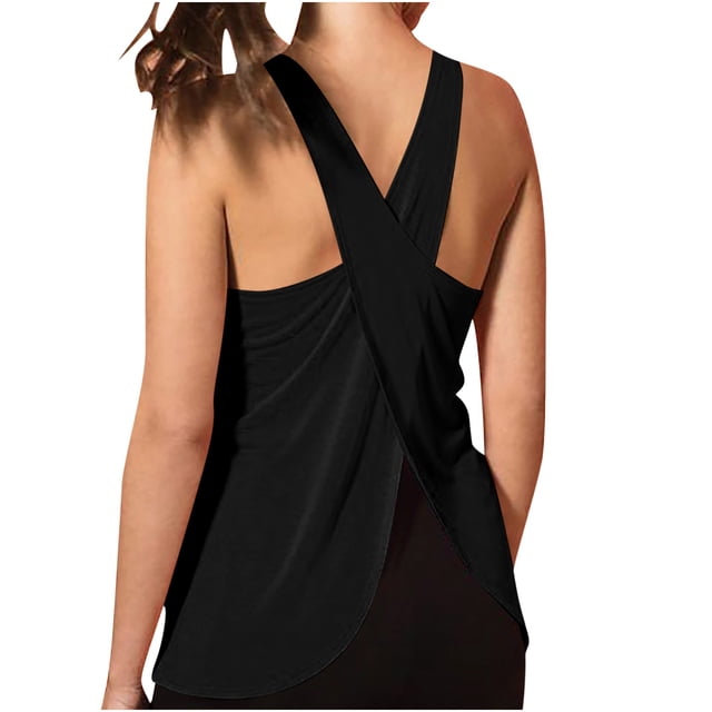Chbgutlmr Hauts de Yoga pour Femmes avec Encolure Dégagée et Sans Manches à Dos Croisé. Fabriqué en Tissu Léger et Respirant, Ce Débardeur Noir Est Montré dans une Vue Arrière, Mettant en Valeur Sa Coupe Décontractée et Son Drapé Stylé. Idéal pour la Course, les Entraînements Ou les Sorties Estivales Décontractées.
