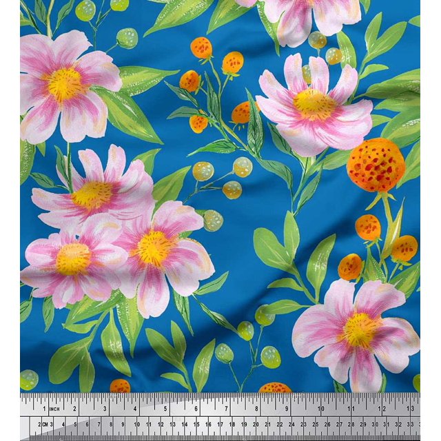 Soimoi polyester Crepe Fabric Leaves & Wild Flower Decor Fabric Printed Yard 42 Inch Wide