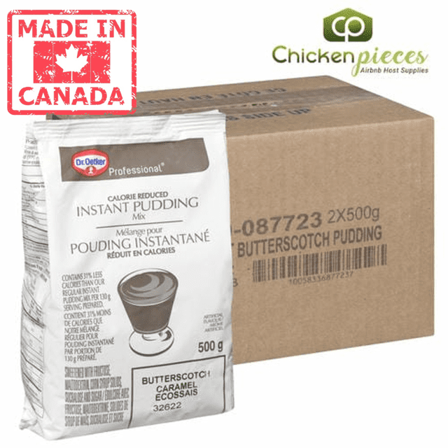 Oetker Pudding Butterscotch Instant Reduced Calorie 500g/1.10Lbs (2/Case), featuring a 500g bag of calorie-reduced butterscotch pudding mix with a rich, creamy flavour. The packaging highlights its gluten-free, Kosher Dairy, and vegetarian-friendly attributes. A cardboard case containing two bags is visible in the background, with 'Made in Canada' prominently displayed.