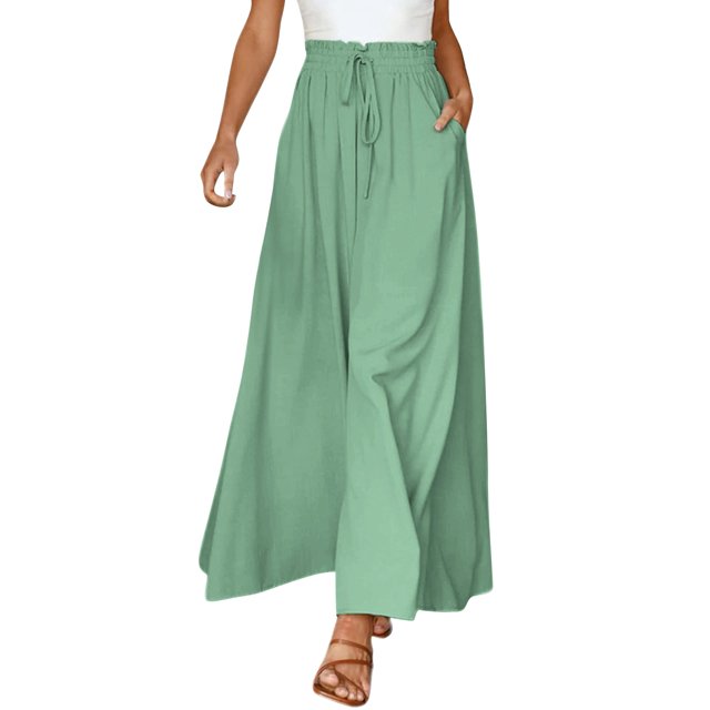 GZWYHT Wide Leg Pants,Palazzo Pants,Women's Wide Leg Pants Flowy Ruffle Solid Color Drawstring Waist Pants,Flowy Pants,High Waisted Pants,Sweatpants Women,Green 1,M