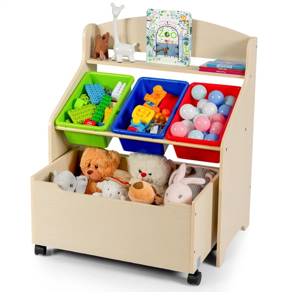 Costway Organisateur d'Unité de Rangement pour Jouets en Bois pour Enfants avec Boîte à Jouets Roulante et Bacs en Plastique Naturel
