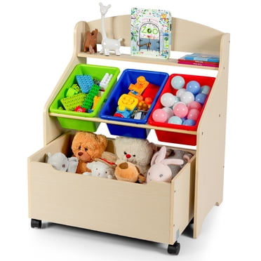Costway Organisateur d'Unité de Rangement pour Jouets en Bois pour Enfants avec Boîte à Jouets Roulante et Bacs en Plastique Naturel