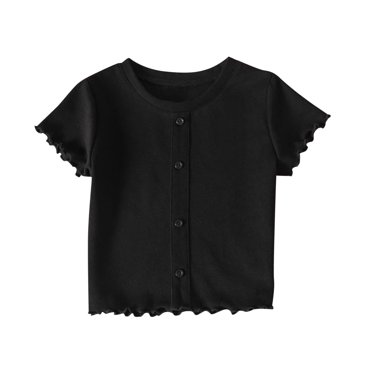 Kaemgyyd 2-10 Years Toddler Girl T-Shirts Kids Ruffle Short Sleeve Solid Shirts Soft Casual Button down Crew Neck Summer Tops