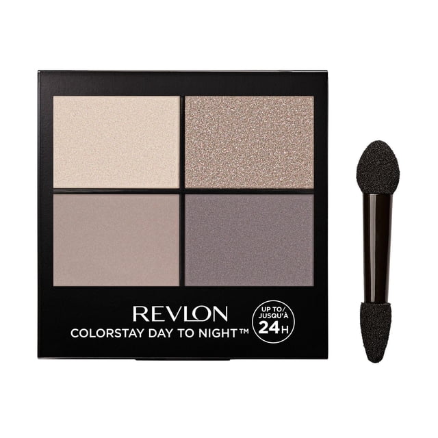 Revlon ColorStay Day to Night™ Long Lasting Matte and Shimmer Eyeshadow Quad with four neutral powder-cream hybrid shades including matte beige, shimmer champagne, matte taupe, and shimmer plum, accompanied by a black dual-ended sponge applicator and offering up to 24-hour wear for versatile day-to-night eye looks.
