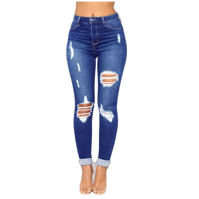 Soki Jeans Skinny en Denim Déchiré et Usé pour Femmes, Pantalon Extensible