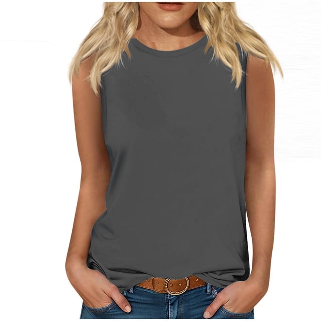 Yuyuzo Sleeveless Tops for Women Round Neck Tank Tops Solid Color Summer T Shirts Loose Basic Shirts
