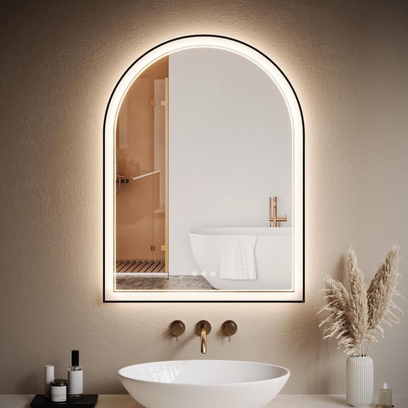 24"X36" Arched LED Bathroom Mirror with Light, 3 Colors Dimmable Vanity Mirror, Anti-Fog, Tempered Glass, for Bedroom, Entryway, Bathroom, Black