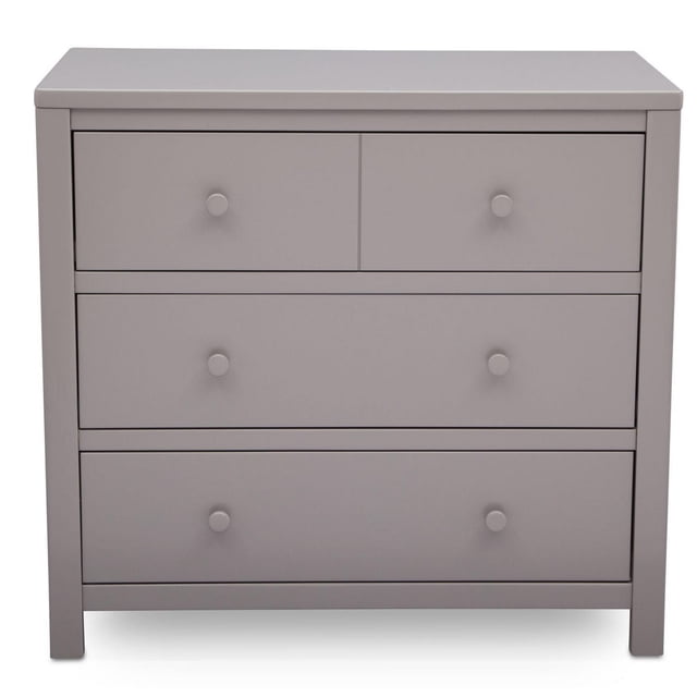Delta Children 3 Drawer Dresser front-facing three-drawer pine and engineered-wood dresser with rectangular silhouette, metal-glide drawers with safety stops and included tip-over wall anchor; 36.75"W x 19.25"D x 34"H, suited for nursery or kids' bedroom and often paired with Delta removable changing top.