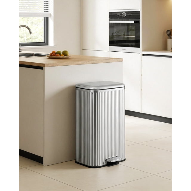 30L Stainless Steel Step Trash Can – M618 Fluted Design, Soft Close Lid, Removable Bucket, Fingerprint-Proof, Odor Control, Anti-Slip Base, Stay-Open Lid, 35*29*61.5cm