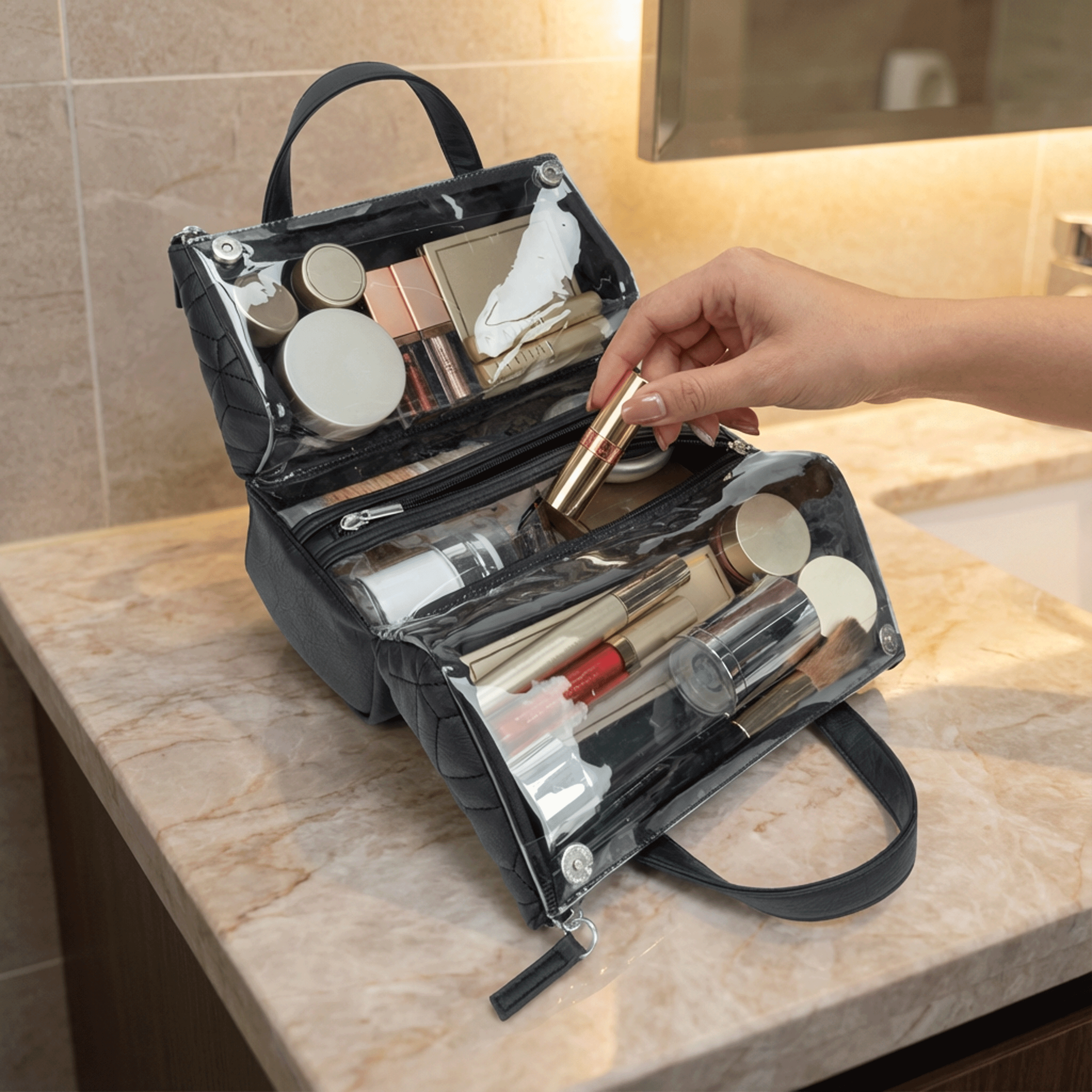 Trousse à cosmétiques Equate Beauty - Mallette pyramidale matelassée à 3 compartiments