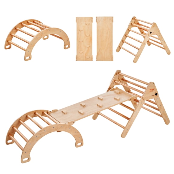 VEVOR Ensemble Triangle Pikler, Jouets d'Escalade 5 en 1 pour Tout-Petits Aire de Jeux Intérieure, Ensemble d'Escalade Montessori avec Triangle, Rampe et Arche, Grand Gymnase d'Escalade en Bois pour Tout-Petits de 1 à 3 Ans, Couleur Bois