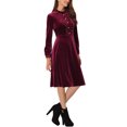 thumbnail image 4 of INSPIRE CHIC Women's Velvet Dress Mock Neck Button Front Ruffle Vintage Flare Dresses XS Burgundy, 4 of 6