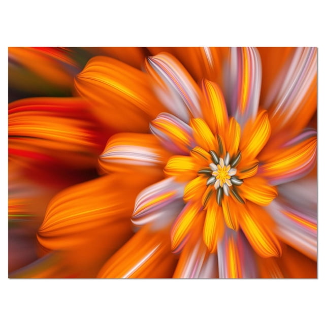 Designart Massive Orange Fractal Flower Canvas Wall Art showing a centered close-up of an abstract floral pattern with layered orange and white petals on premium cotton canvas, gallery-wrapped with fade-resistant ink, modern and contemporary style, ready to hang.
