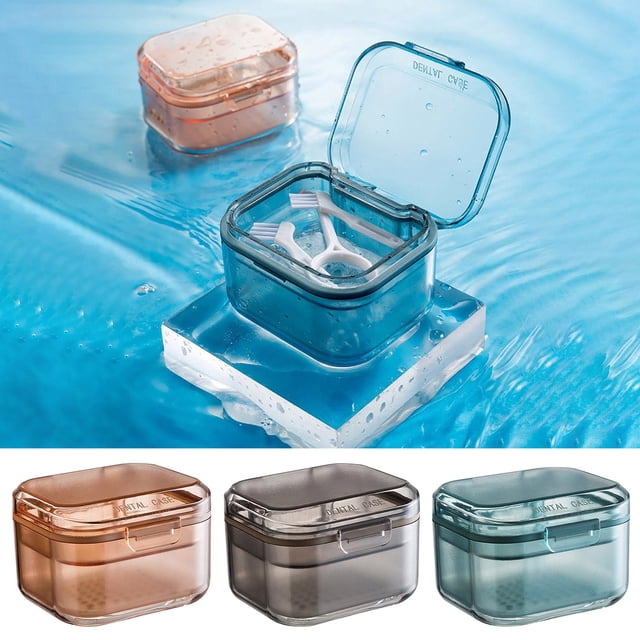 MTBLYS 3 Layer Denture Box Portable Retainer Case with Filter Denture Bath Cup Mouth Guard Travel Container Soaking Storage for Braces Aligner