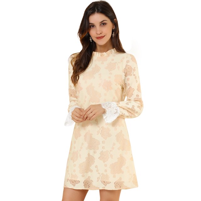 INSPIRE CHIC Robe Courte Décontractée pour Femme à Imprimé Floral, en Dentelle, à Volants, Col Ras du Cou