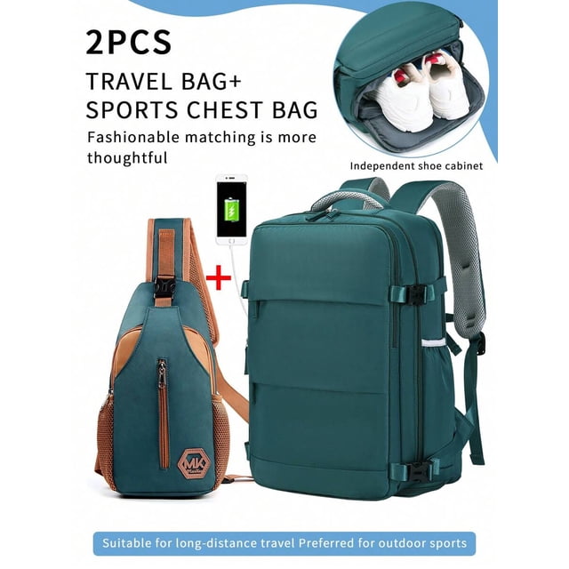 2-Piece Set: Backpack And Chest Bag, Large Capacity For Men & Women, Suitable For Short Trips, Summer Travel, Multi-Compartment To Hold Shoes, Combination Of Backpack And Sports Chest Bag, Versat