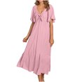 thumbnail image 2 of Robe d'Été pour Femmes 2024 Mode Grande Taille Col en V Manches Courtes Taille Unie Robes Rabais de 50 % Liquidation!, 2 of 9