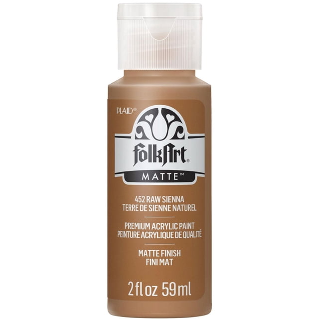 Folkart Matte Acrylic Craft Paint 2 fl. oz. Raw Sienna, a premium matte finish acrylic paint with creamy consistency ideal for basecoating, stenciling, and blending on wood, canvas, paper, and decorative crafts.