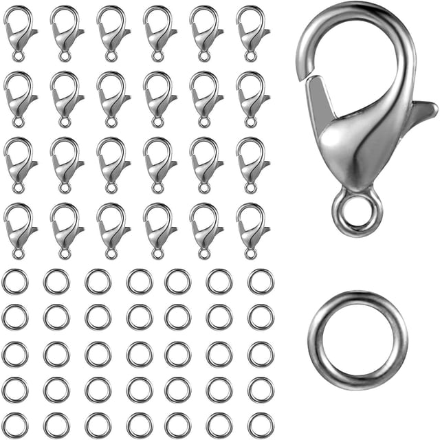 GHSDFBB 250pcs lobster claw clasps with open jump rings set in silver, including 50 lobster clasps (12x6mm) and 200 jump rings (0.7x5mm). Made of durable metal alloy, resistant to rust and corrosion, with 360° rotation for tangle-free use. Perfect for jewelry clasps, craft supplies, and DIY projects like bracelets, necklaces, keychains, pendants, and anklets.