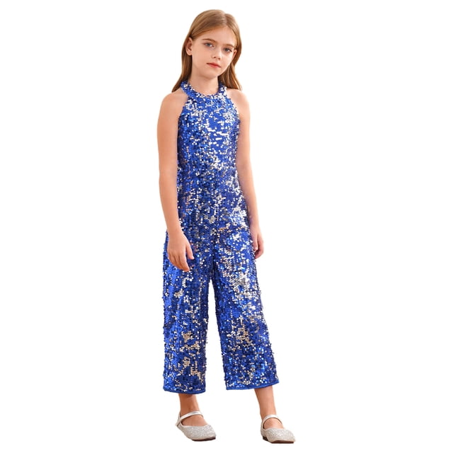 Xnihocha Combinaison à Sequins Brillants pour Filles, Col Halter, Combinaison de Concours, Costume Formel, Robe de Bal, Bleu Royal 8