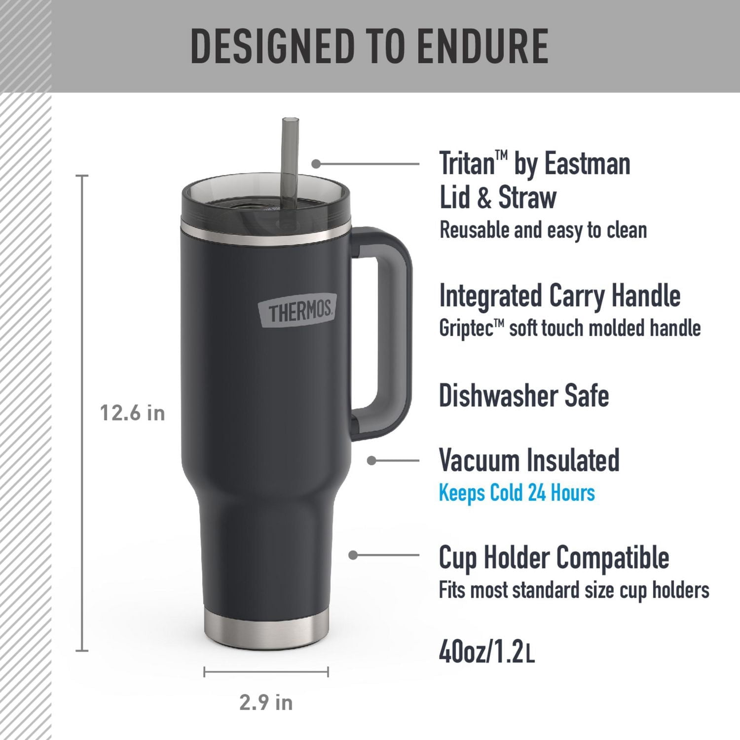Thermos Vacuum Insulated Stainless Steel 40 oz Cup Holder Mug with Straw,  Granite