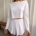 thumbnail image 4 of Tnhcen Ensemble de Pyjama pour Femmes, Haut Court à Manches Longues Douillet et Short à Volants - Ensembles de Pyjamas à Col Rond Confortables pour Femmes, Tenue de Détente Extensible S-TG, 4 of 9