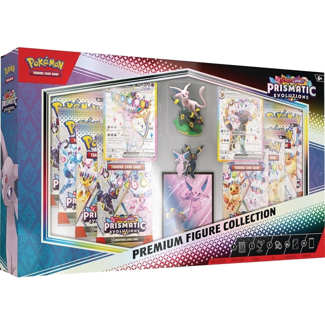 Pokemon TCG: Scarlet & Violet—Prismatic Evolutions Premium Figure Collection featuring a collector's box with two etched foil promo cards of Espeon ex and Umbreon ex, a detailed figure of both Pokémon, an enamel pin, 65 card sleeves, and 11 booster packs from the Scarlet & Violet—Prismatic Evolutions trading card game expansion.