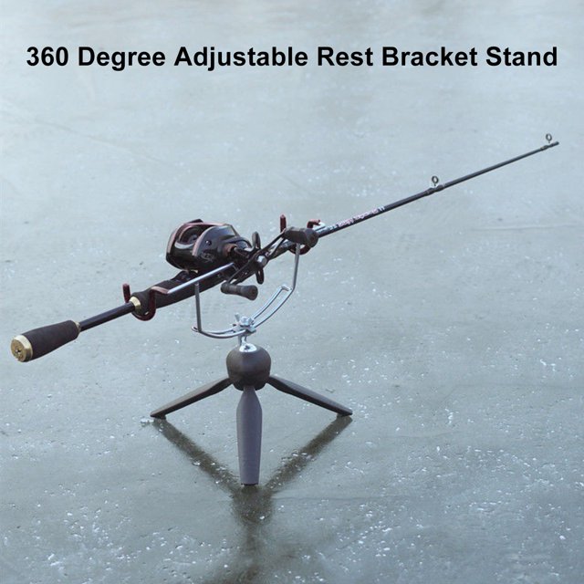 Fish Pole Holder Strong Load-bearing Adjustable Angle Support Rod Metal Vertical Folding Ice Fishing Rod Holder Angling Tools shown in use, featuring a sturdy triangular base and a 360-degree adjustable design. The metal holder securely supports a fishing rod on an icy surface, suitable for ice fishing and other fishing environments.