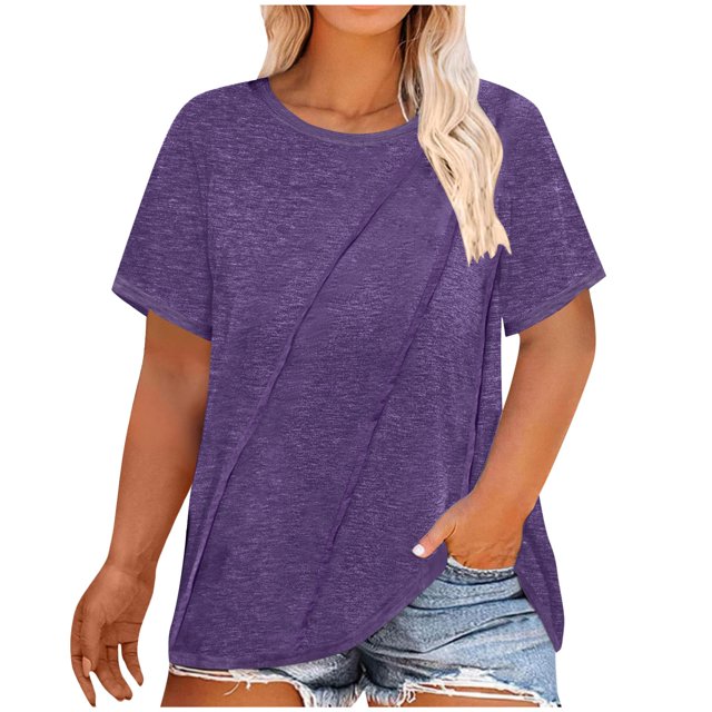 Plebaso Hauts Décontractés pour Femmes T-Shirts Plissés à Manches Courtes Col Rond Tee Confortable Chemisiers d'Été pour Femmes