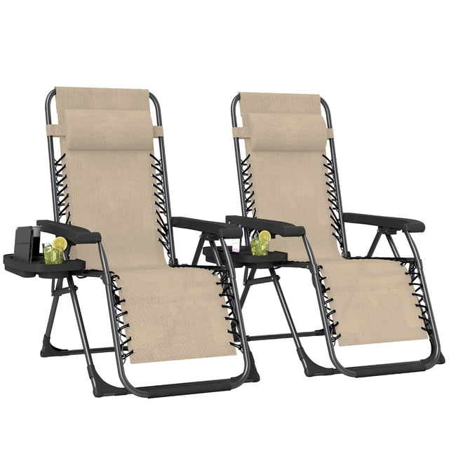 Outsunny Zero Gravity Chair Set of 2 with Cup Holder, Headrest, Light Brown