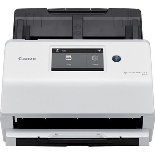 Canon ImageFORMULA R50 office document scanner with white and black design, large color touchscreen for scan and settings, power button, and top automatic feeder. Connects via Wi-Fi or USB for multi-user network sharing.