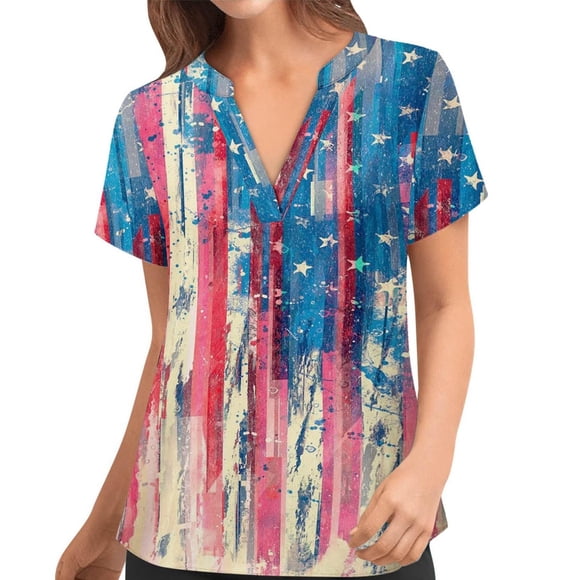 TIMIFIS Scrub Tops Women American Flag Print Short Sleeve Patriotic 4th Of July Plus Size Scrub Tops with Pockets ummer